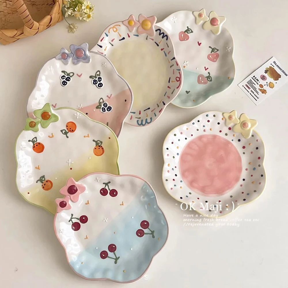 Cute Ceramic Plates for Home Use Dish Tableware Floral Rainbow Polka Dots Under Glazed Plate Kitchen Dining Dinnerware
