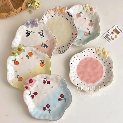 Cute Ceramic Plates for Home Use Dish Tableware Floral Rainbow Polka Dots Under Glazed Plate Kitchen Dining Dinnerware