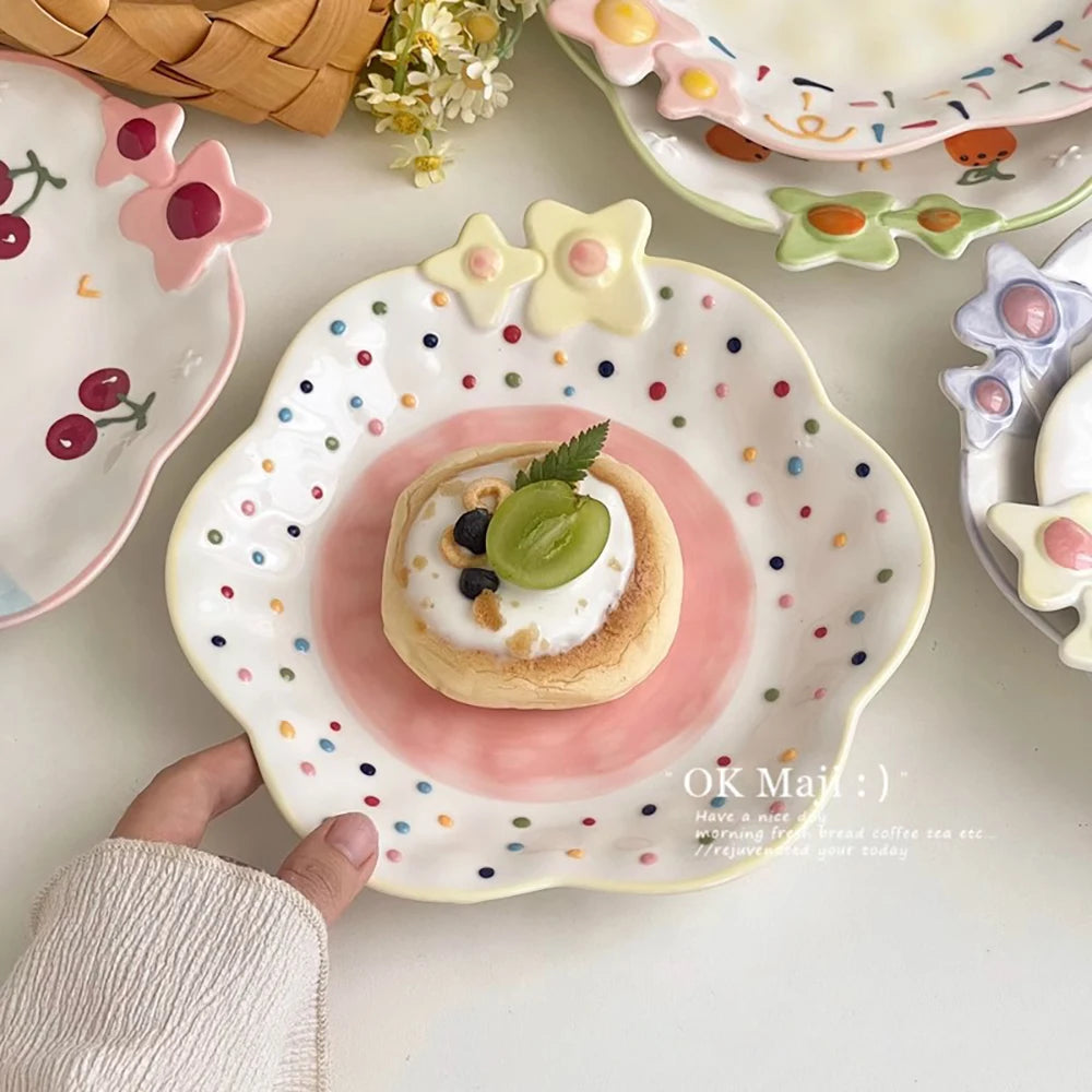 Cute Ceramic Plates for Home Use Dish Tableware Floral Rainbow Polka Dots Under Glazed Plate Kitchen Dining Dinnerware