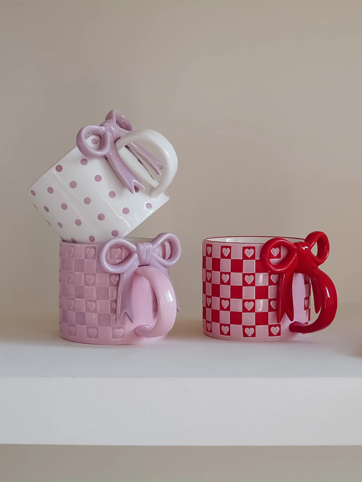 Checkered Bow-Handle Ceramic Mug