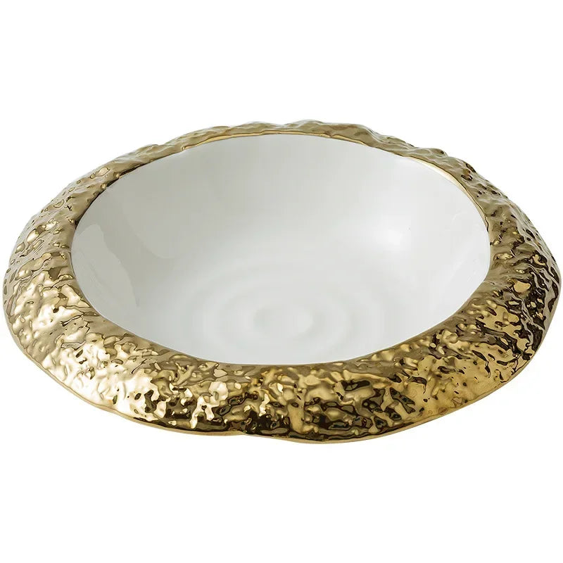 Gold-Rimmed Marble-Style Ceramic Dinner Plate