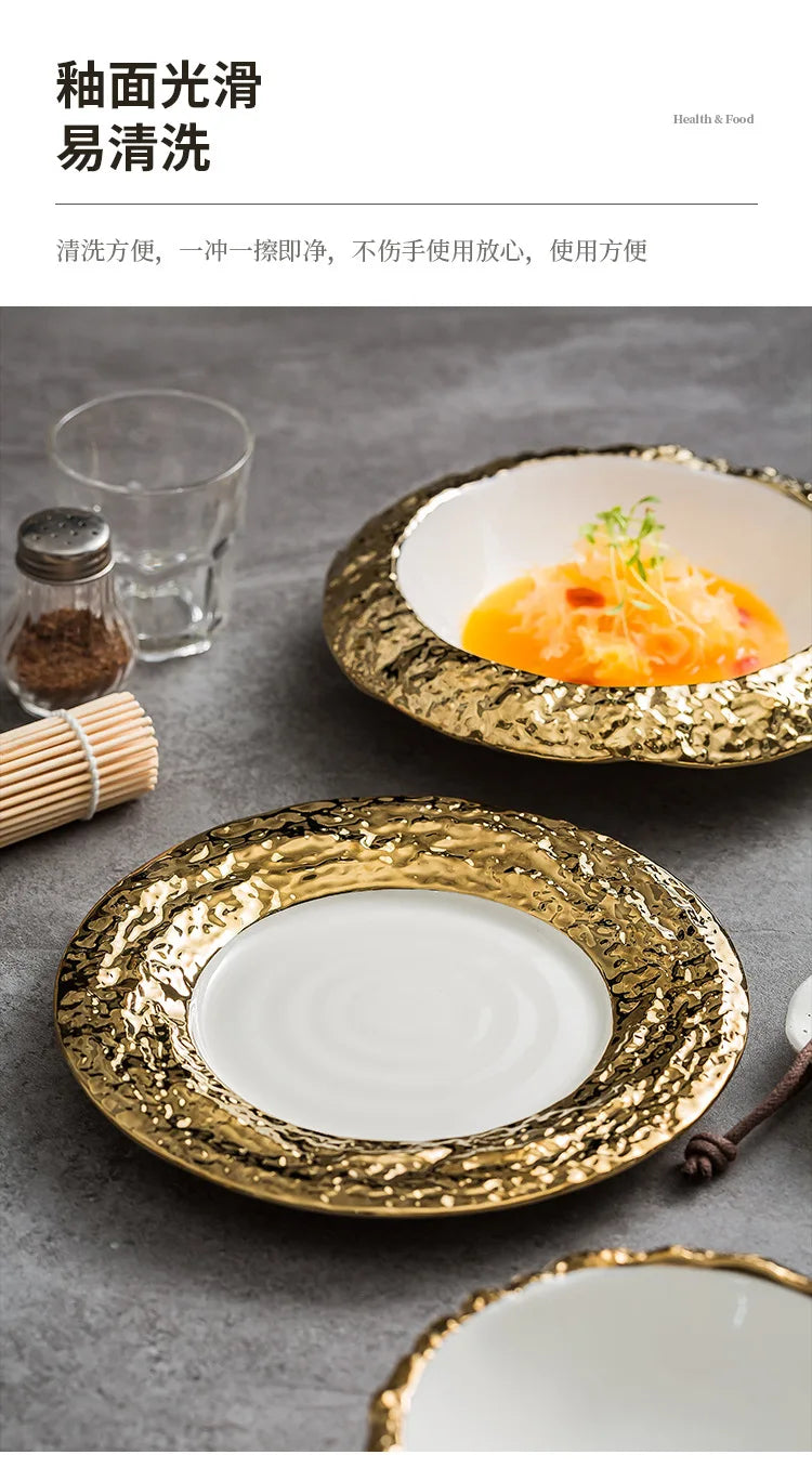 Gold-Rimmed Marble-Style Ceramic Dinner Plate