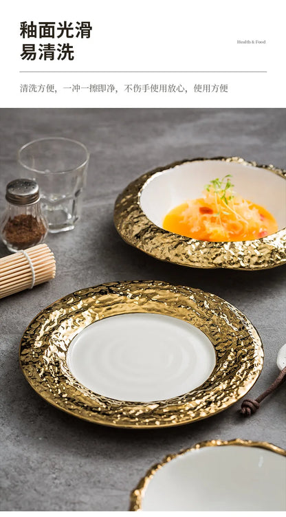 Gold-Rimmed Marble-Style Ceramic Dinner Plate