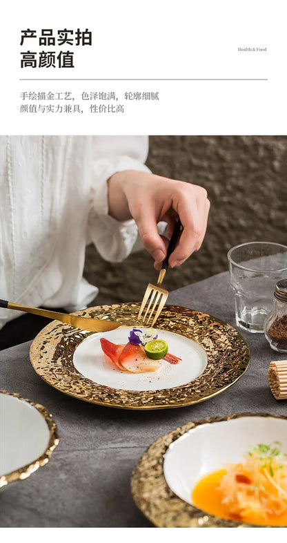 Gold-Rimmed Marble-Style Ceramic Dinner Plate