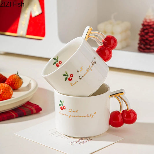 Gold-Rim Cherry Porcelain Mug