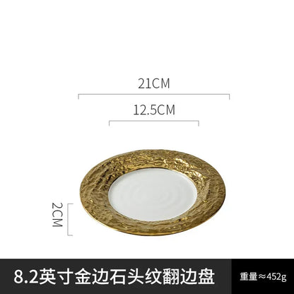 Gold-Rimmed Marble-Style Ceramic Dinner Plate