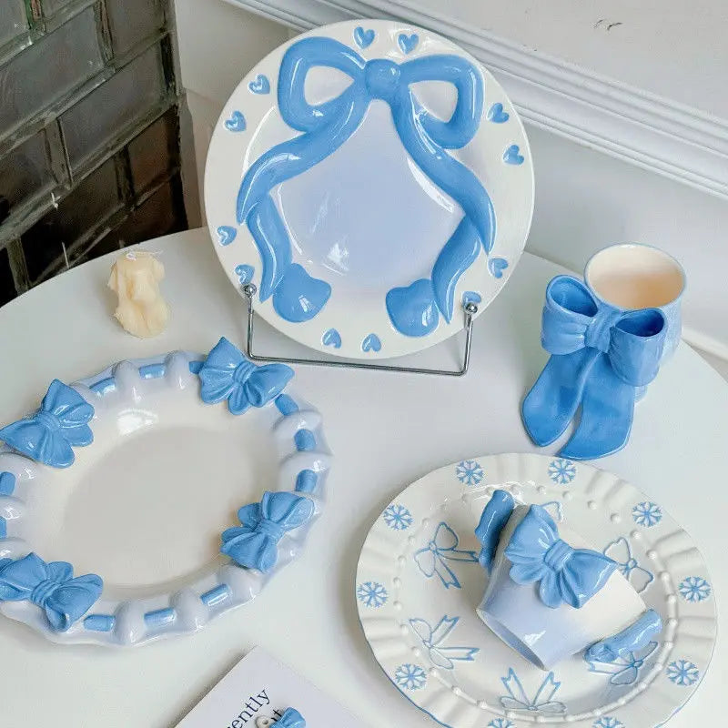 Bow Underglaze Tableware French Romantic Relief Three-dimensional Ceramic Plate Exquisite Plate Bowl Dessert Plate Gift