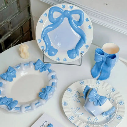 Bow Underglaze Tableware French Romantic Relief Three-dimensional Ceramic Plate Exquisite Plate Bowl Dessert Plate Gift