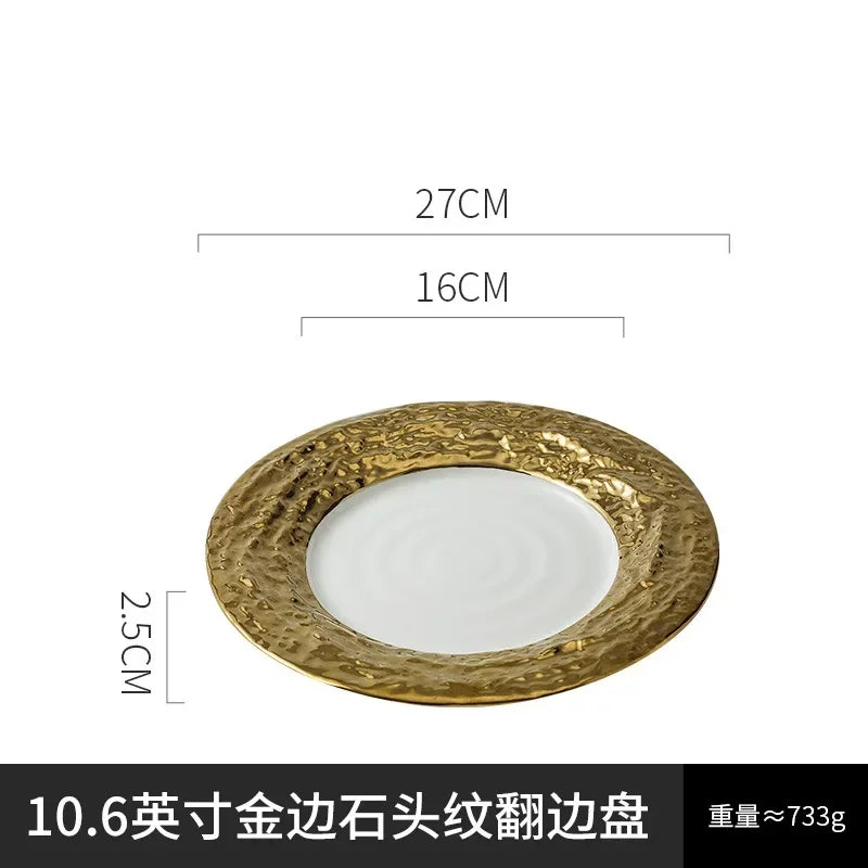 Gold-Rimmed Marble-Style Ceramic Dinner Plate
