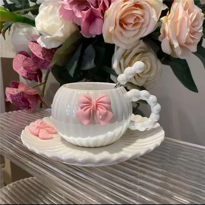 French Pink Bow Ceramic Coffee Cup Set