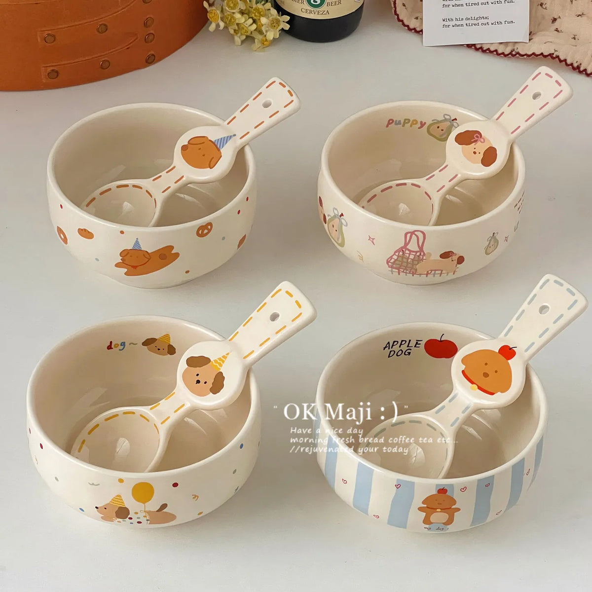 Ceramic Yogurt Bowl with Spoon Fruit Oatmeal Breakfast Bowl Rice Bowl Tableware
