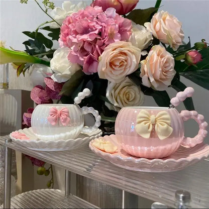 French Pink Bow Ceramic Coffee Cup Set