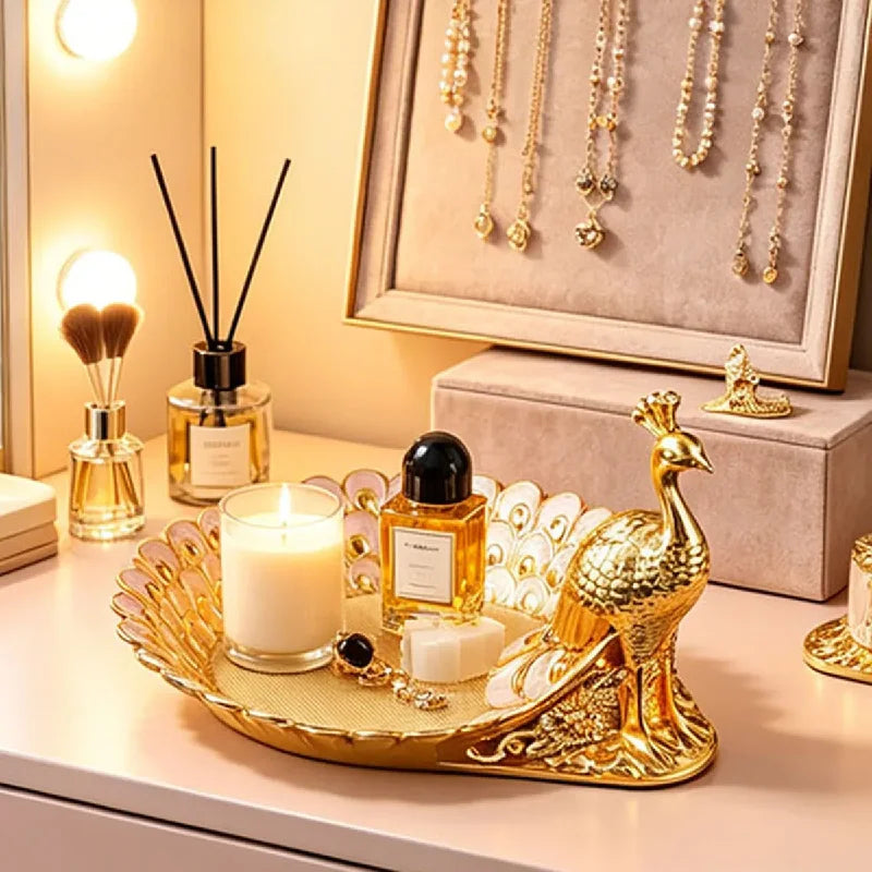 Golden Peacock Decorative Serving Tray