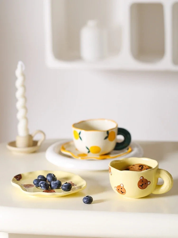 Ceramic Coffee Mug and Saucer Set Hand Pinching Irregular Cute Pattern Milk Juice Afternoon Tea Water Cup Girl Flower Tea Cup