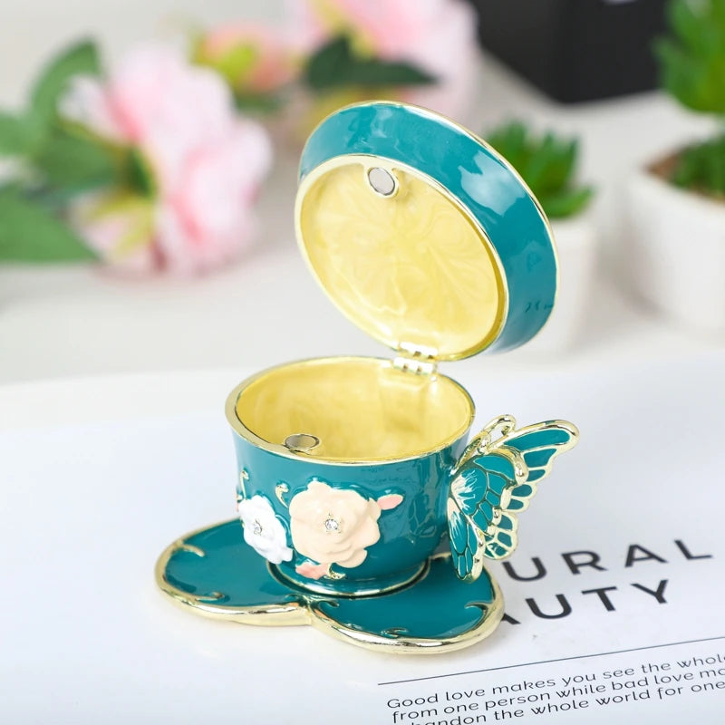 SHINNYGIFTS Hand Painted Enameled Small Coffee Cup Trinket Box Butterfly Style Decorative Jewelry Box with Hinged Unique Gift
