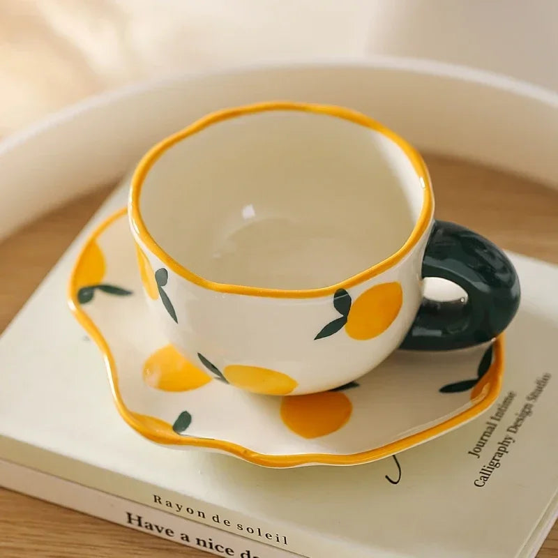Ceramic Coffee Mug and Saucer Set Hand Pinching Irregular Cute Pattern Milk Juice Afternoon Tea Water Cup Girl Flower Tea Cup