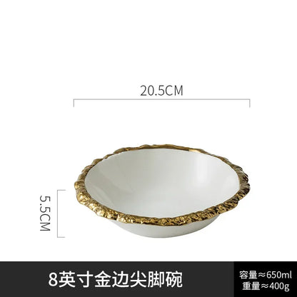 Gold-Rimmed Marble-Style Ceramic Dinner Plate
