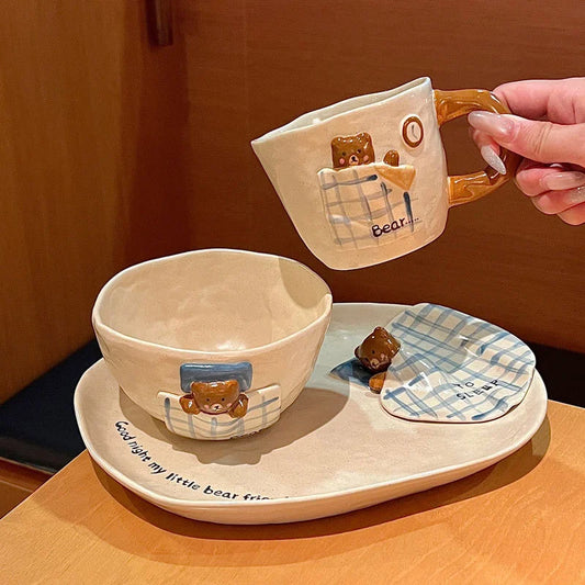 3D Embossed Bear Ceramic Bowl Plate Mug Set, Kids Dinnerware, Creative Quilt Bear Tableware For Holiday Wedding Souvenir Gift