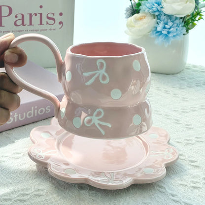 350ml Ceramic Coffee Cups and Saucer Set Bow Patterns Hand Drawn Pink Girl's Large Capacity Cup Flowers Shaped Plate Sets