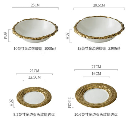 Gold-Rimmed Marble-Style Ceramic Dinner Plate