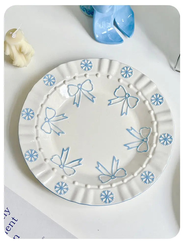 Bow Underglaze Tableware French Romantic Relief Three-dimensional Ceramic Plate Exquisite Plate Bowl Dessert Plate Gift