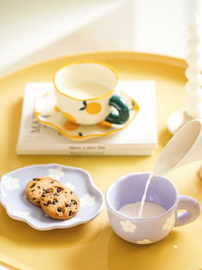 Ceramic Coffee Mug and Saucer Set Hand Pinching Irregular Cute Pattern Milk Juice Afternoon Tea Water Cup Girl Flower Tea Cup