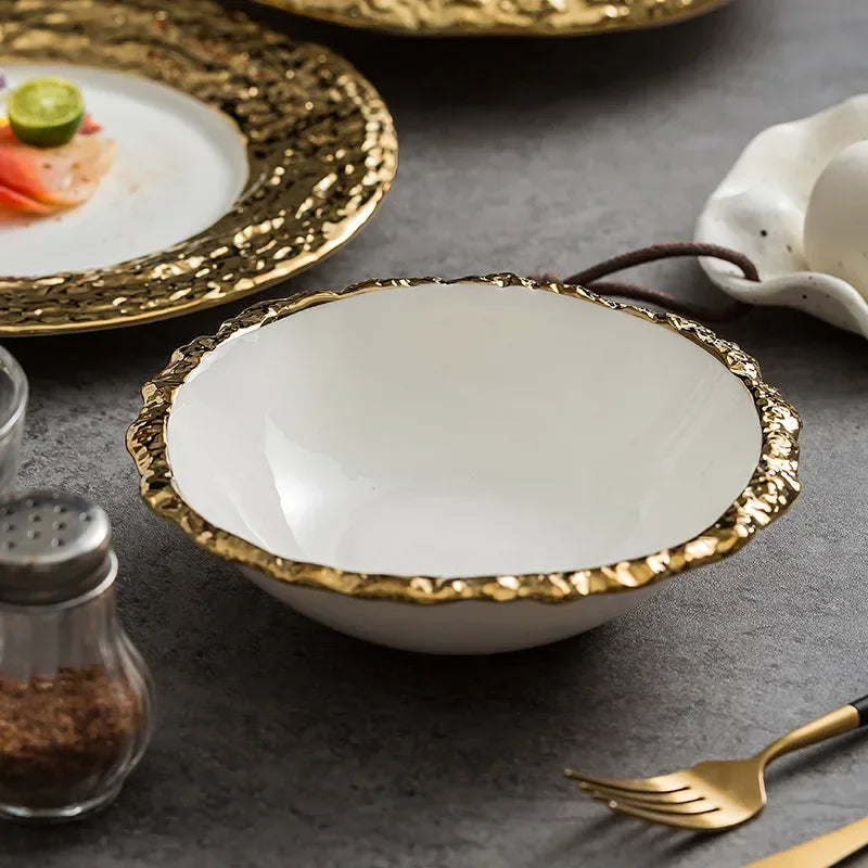 Gold-Rimmed Marble-Style Ceramic Dinner Plate