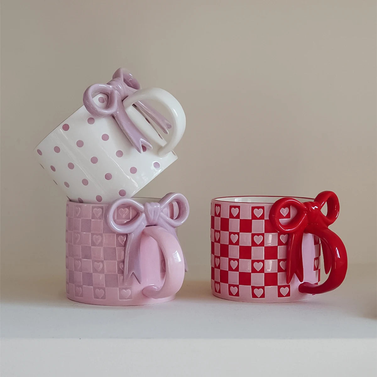 Checkered Bow-Handle Ceramic Mug