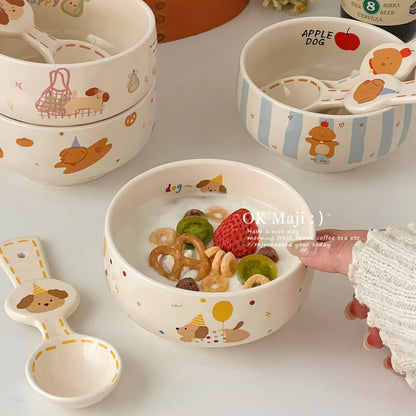 Ceramic Yogurt Bowl with Spoon Fruit Oatmeal Breakfast Bowl Rice Bowl Tableware