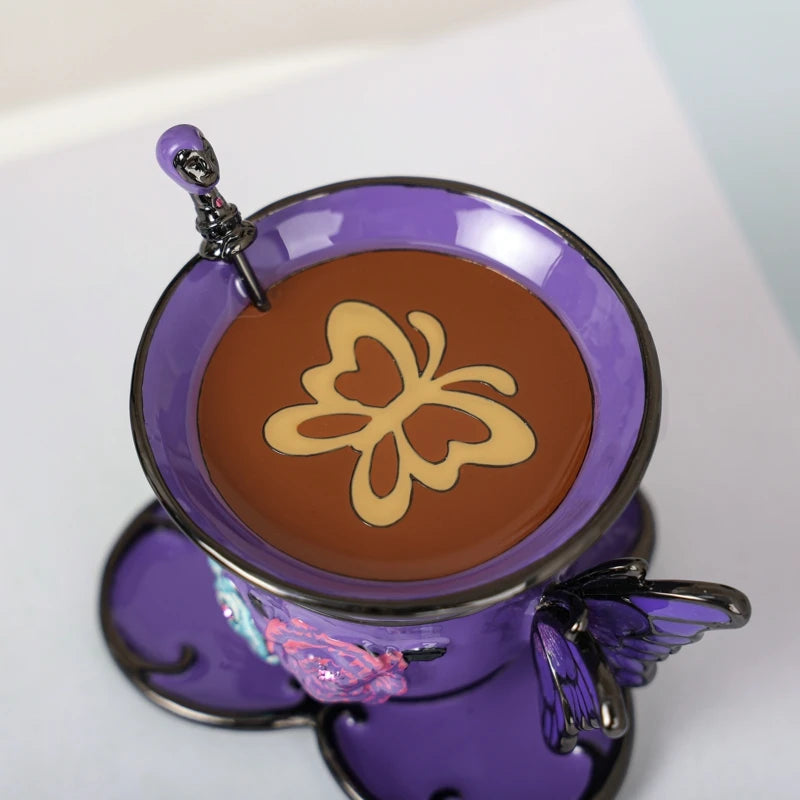 SHINNYGIFTS Hand Painted Enameled Small Coffee Cup Trinket Box Butterfly Style Decorative Jewelry Box with Hinged Unique Gift