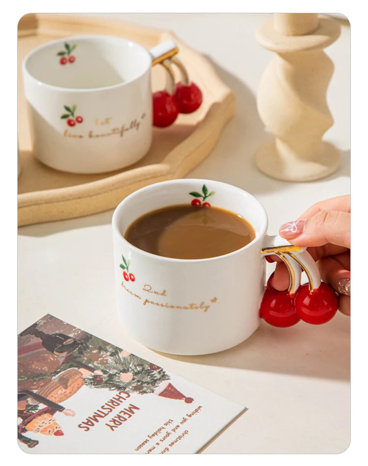 Gold-Rim Cherry Porcelain Mug