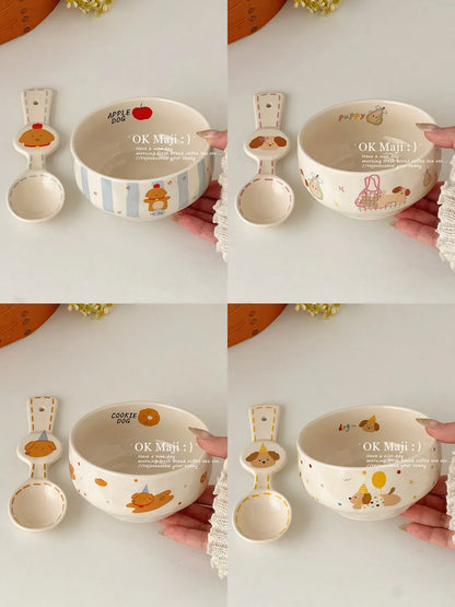 Ceramic Yogurt Bowl with Spoon Fruit Oatmeal Breakfast Bowl Rice Bowl Tableware