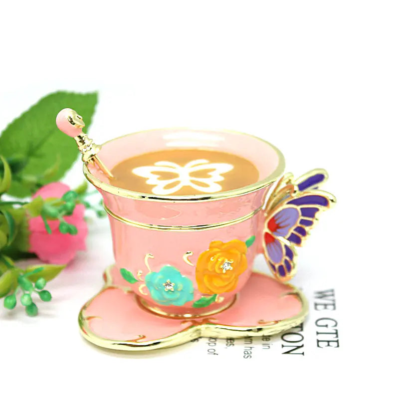 SHINNYGIFTS Hand Painted Enameled Small Coffee Cup Trinket Box Butterfly Style Decorative Jewelry Box with Hinged Unique Gift