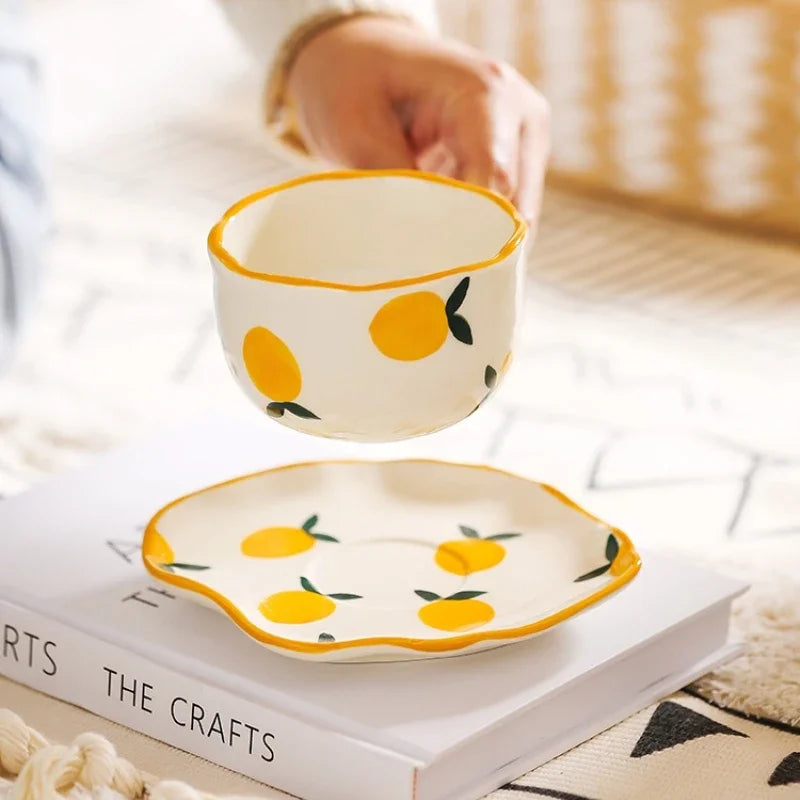 Ceramic Coffee Mug and Saucer Set Hand Pinching Irregular Cute Pattern Milk Juice Afternoon Tea Water Cup Girl Flower Tea Cup