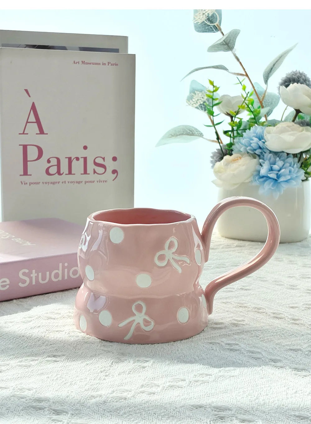 350ml Ceramic Coffee Cups and Saucer Set Bow Patterns Hand Drawn Pink Girl's Large Capacity Cup Flowers Shaped Plate Sets