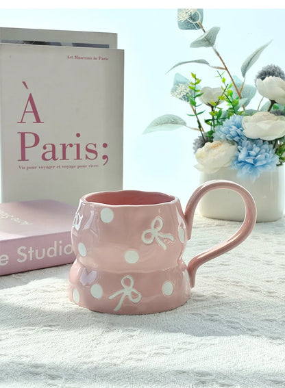 350ml Ceramic Coffee Cups and Saucer Set Bow Patterns Hand Drawn Pink Girl's Large Capacity Cup Flowers Shaped Plate Sets