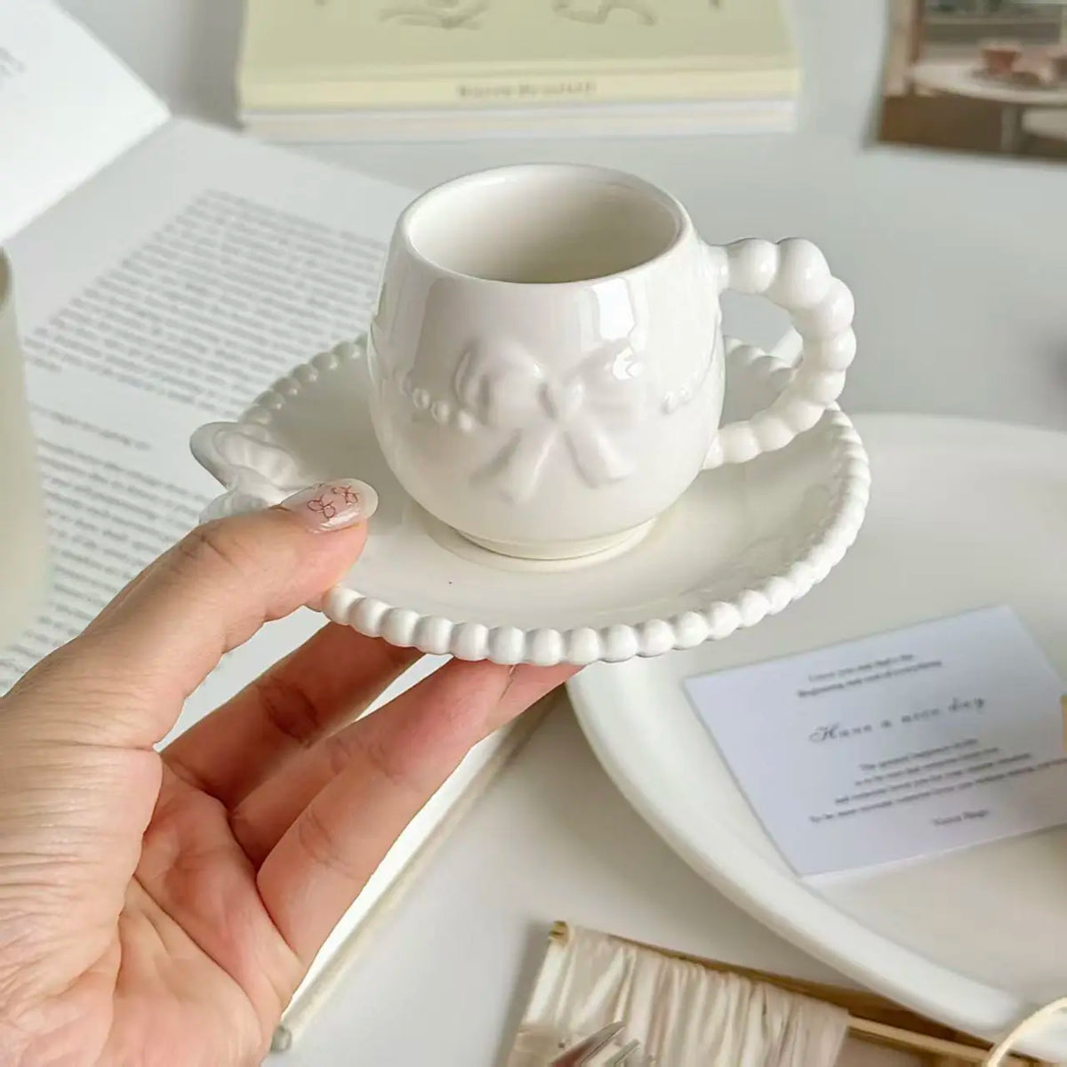 French Pink Bow Ceramic Coffee Cup Set