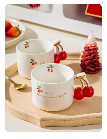 Gold-Rim Cherry Porcelain Mug