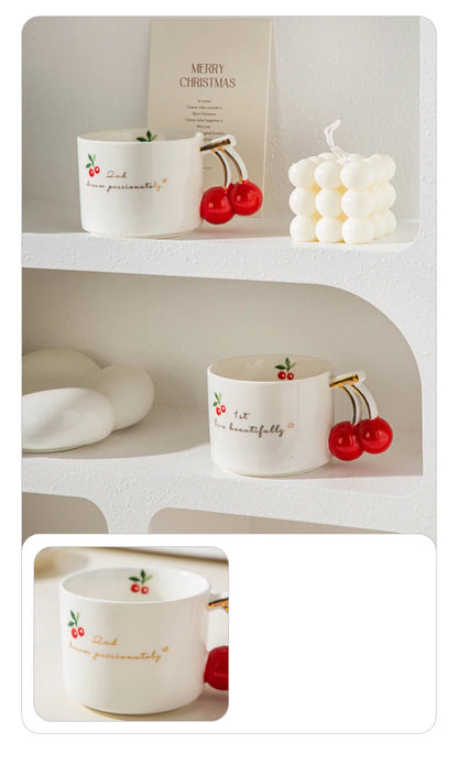 Gold-Rim Cherry Porcelain Mug