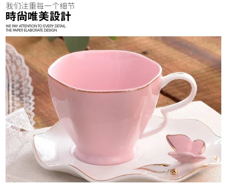Exquisite Butterfly Bird Top Bone China 220ml Coffee Cup Saucer Free Spoon Ceramic European Porcelain Tea Mug Mugs Coffee Cups