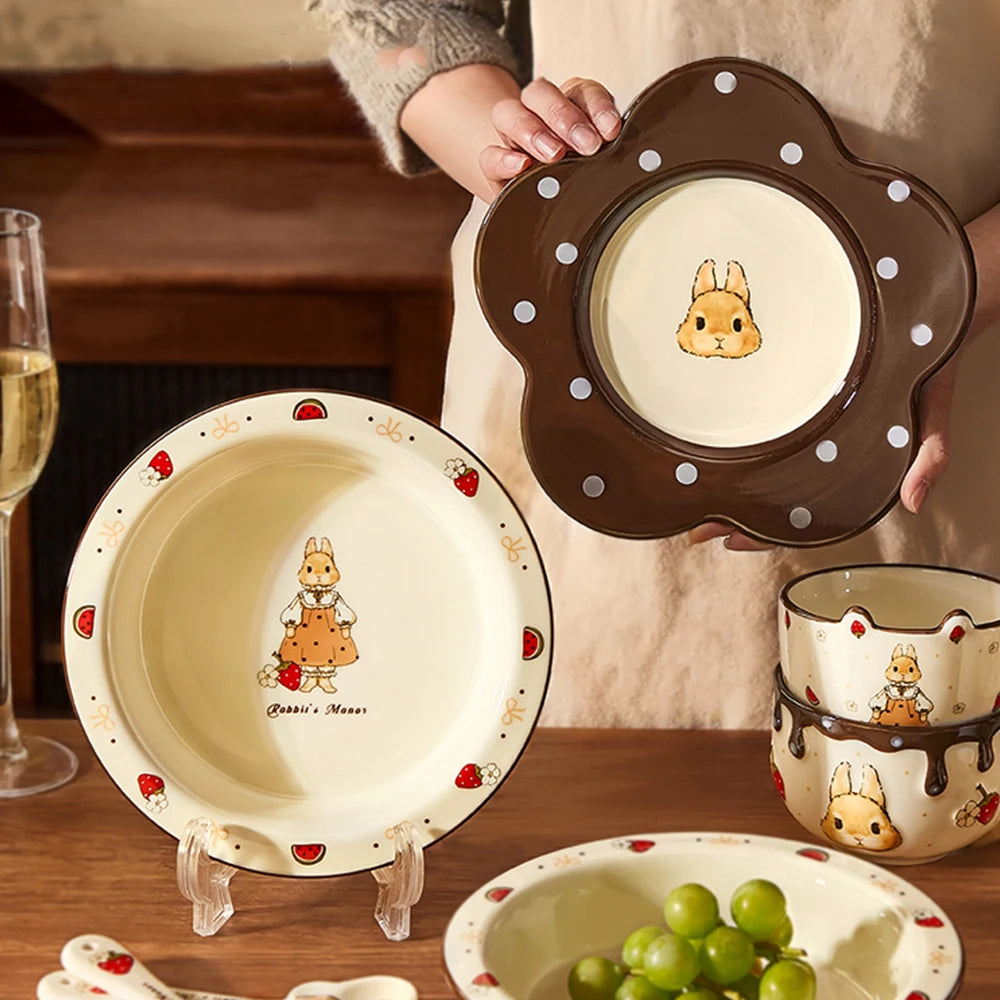 Creative Rabbit Pattern Ceramic Bowl Relief Porcelain Rice Bowls 4.5Inches Cute Home Yogurt Small Bowl Tableware Cake Fruit Bowl
