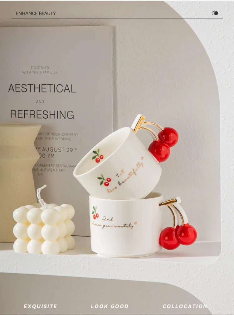 Gold-Rim Cherry Porcelain Mug