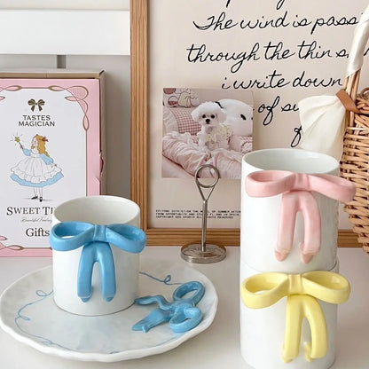 Nordic 3D Bow Cute Plate and Coffee Mug Hand-painted Ceramic Plate Ornament Sliving Bedroom Dining Table Snack Fruit Salad Plate