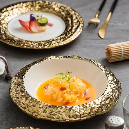 Gold-Rimmed Marble-Style Ceramic Dinner Plate