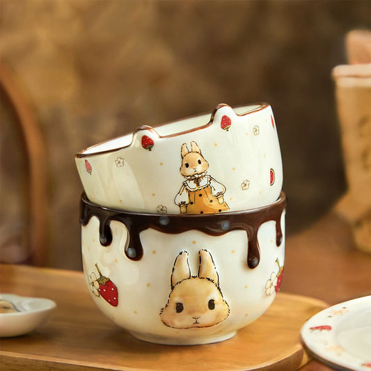 Creative Rabbit Pattern Ceramic Bowl Relief Porcelain Rice Bowls 4.5Inches Cute Home Yogurt Small Bowl Tableware Cake Fruit Bowl