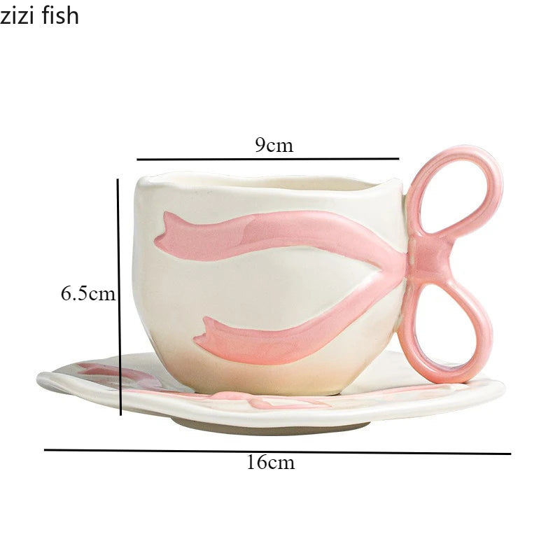 Bow Shaped Ceramic Coffee Cups and Plates Water Cup Milk Mug Home Breakfast Cup Flower Tea Cups Afternoon Tea Mug Coffee Mugs