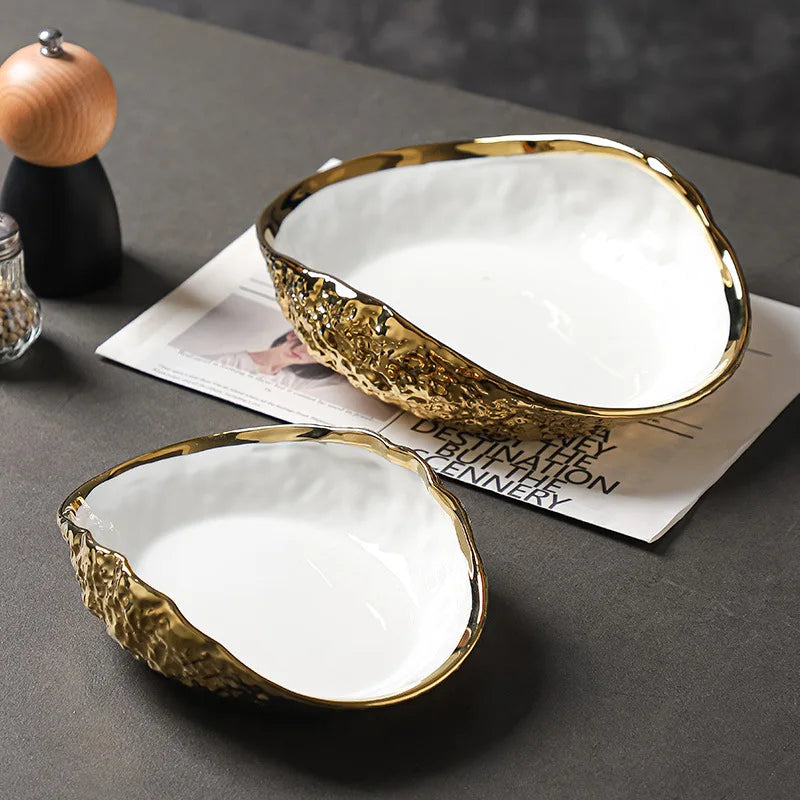 Gold-Trim Shell-Shaped Ceramic Serving Plate