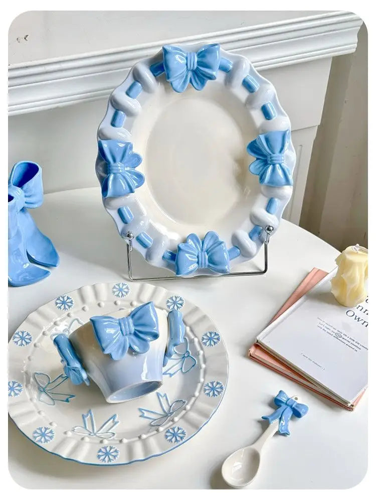 Bow Underglaze Tableware French Romantic Relief Three-dimensional Ceramic Plate Exquisite Plate Bowl Dessert Plate Gift