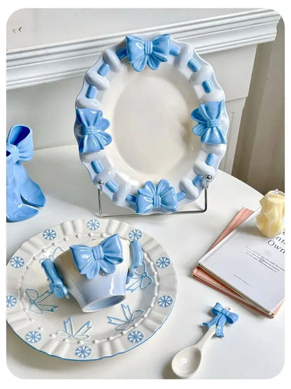 Bow Underglaze Tableware French Romantic Relief Three-dimensional Ceramic Plate Exquisite Plate Bowl Dessert Plate Gift