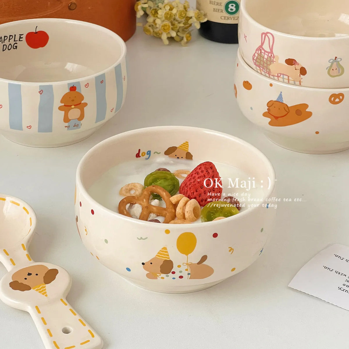 Ceramic Yogurt Bowl with Spoon Fruit Oatmeal Breakfast Bowl Rice Bowl Tableware